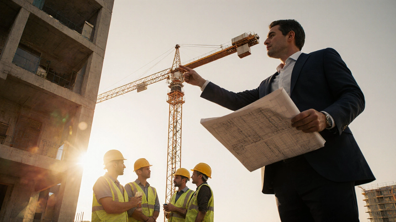 Директор контролирует ремонтные работы на строительной площадке.