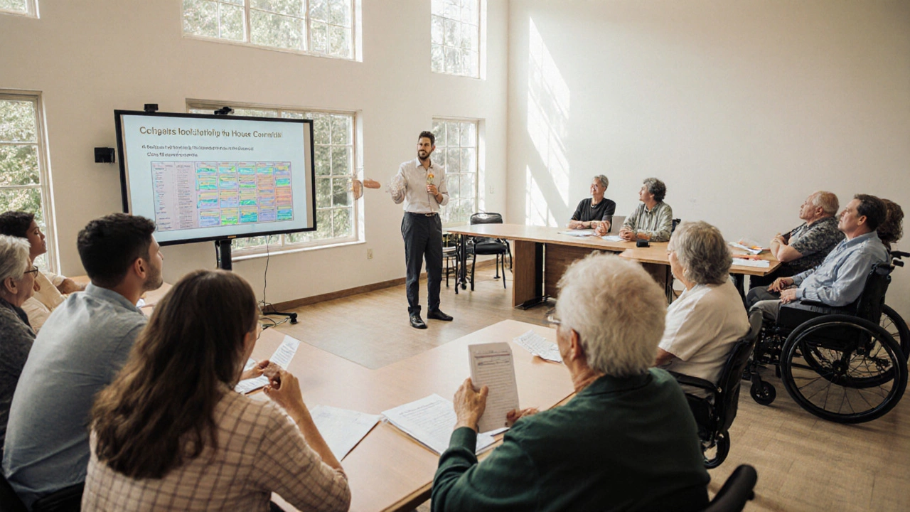 Директор проводит собрание с жителями в зале совета дома.