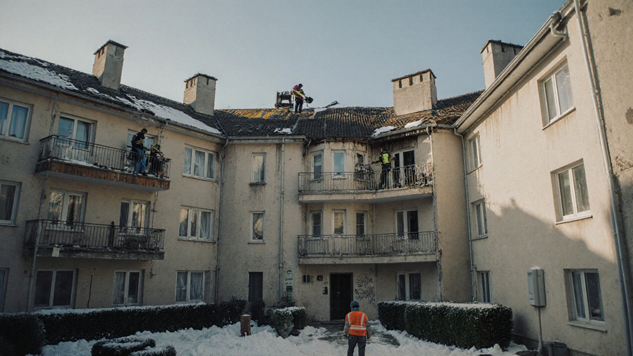 Рабочие ремонтируют крышу и убирают снег во дворе жилого дома.