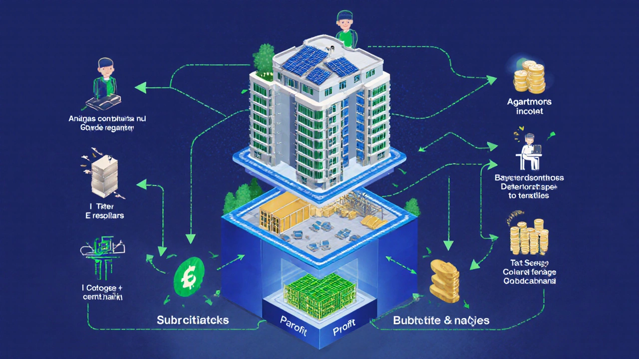 Схема доходов управляющей компании: тарифы, аренда, субсидии, закупки — все показано слоями на здании.