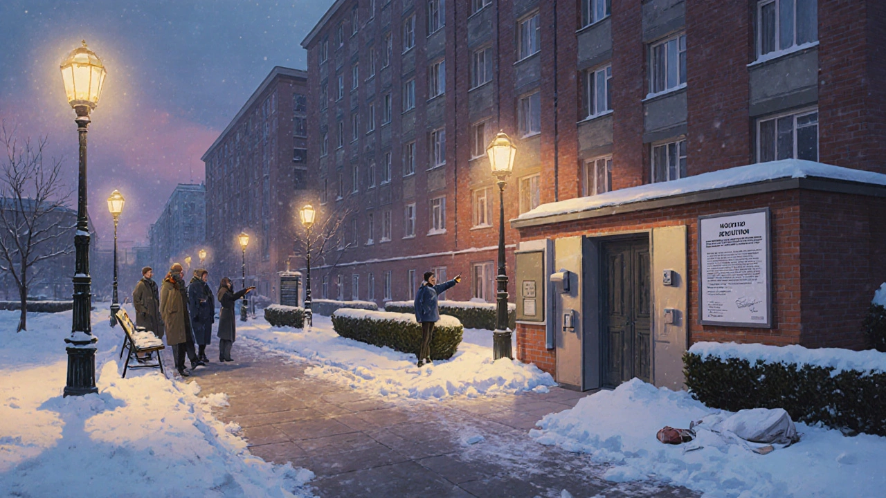 Ухоженный двор с убранным снегом, работающими фонарями и заметкой о решениях жильцов.