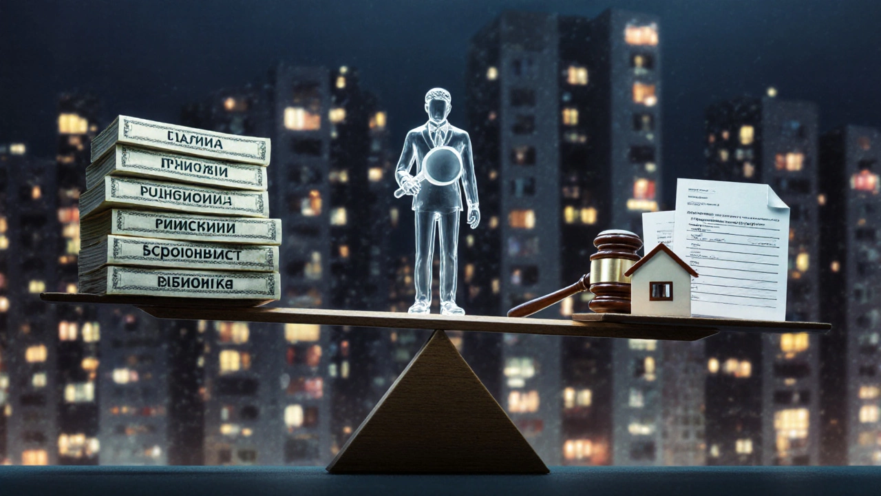 Весы с доходами УК на одной стороне и доверием жильцов на другой, на фоне городского панорамного вида.