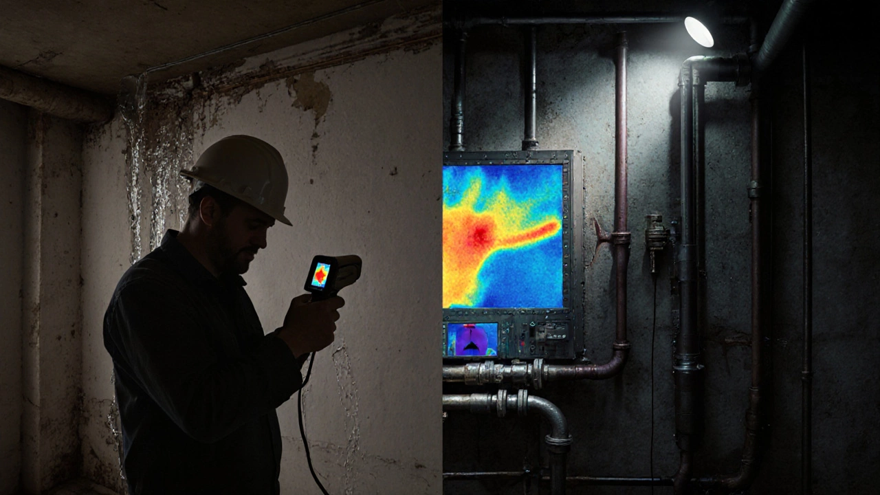 Бригада использует тепловизор для поиска утечек тепла в стене, сравнивая старые и новые трубы.