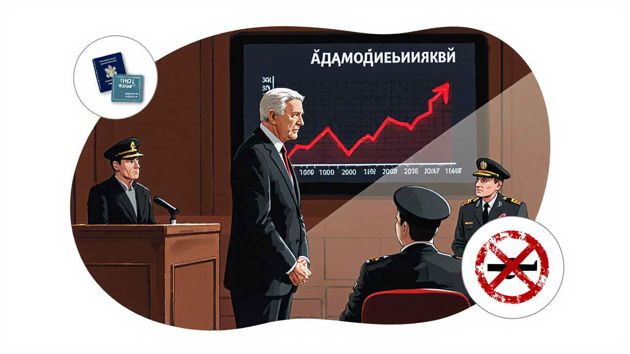 Человек в суде, перед ним экран с растущим долгом за ЖКХ, рядом — знаки блокировки счета и запрета на выезд.