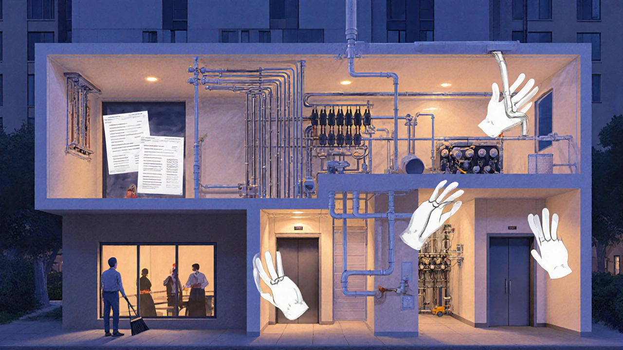 Прозрачный разрез дома с видимыми инженерными системами и инструментами обслуживания.