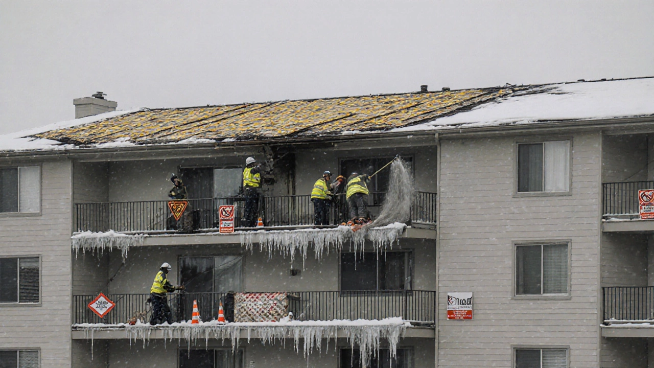 Рабочие ремонтируют кровлю и убирают лед с балконов осенью в жилом доме.