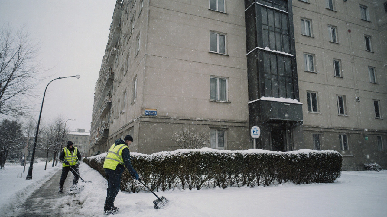 Рабочие убирают снег и ухаживают за территорией жилого дома весной.