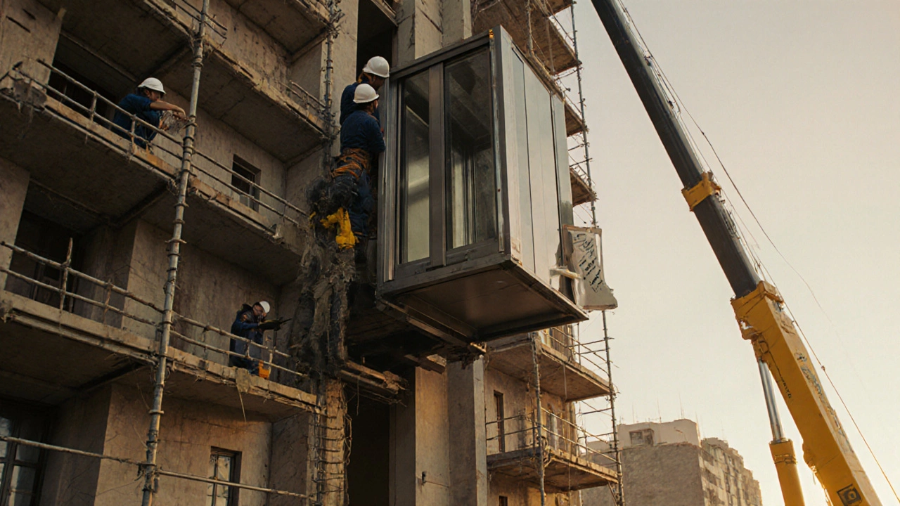 Рабочие устанавливают новый лифт в многоквартирном доме, кран и леса.