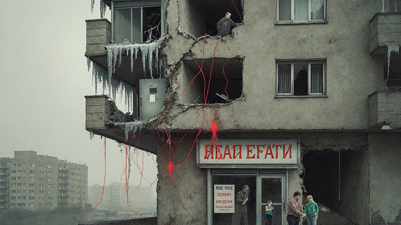 Разрушающийся дом, где каждый этаж показывает последствия долга: холод, арест имущества, запрет на продажу.