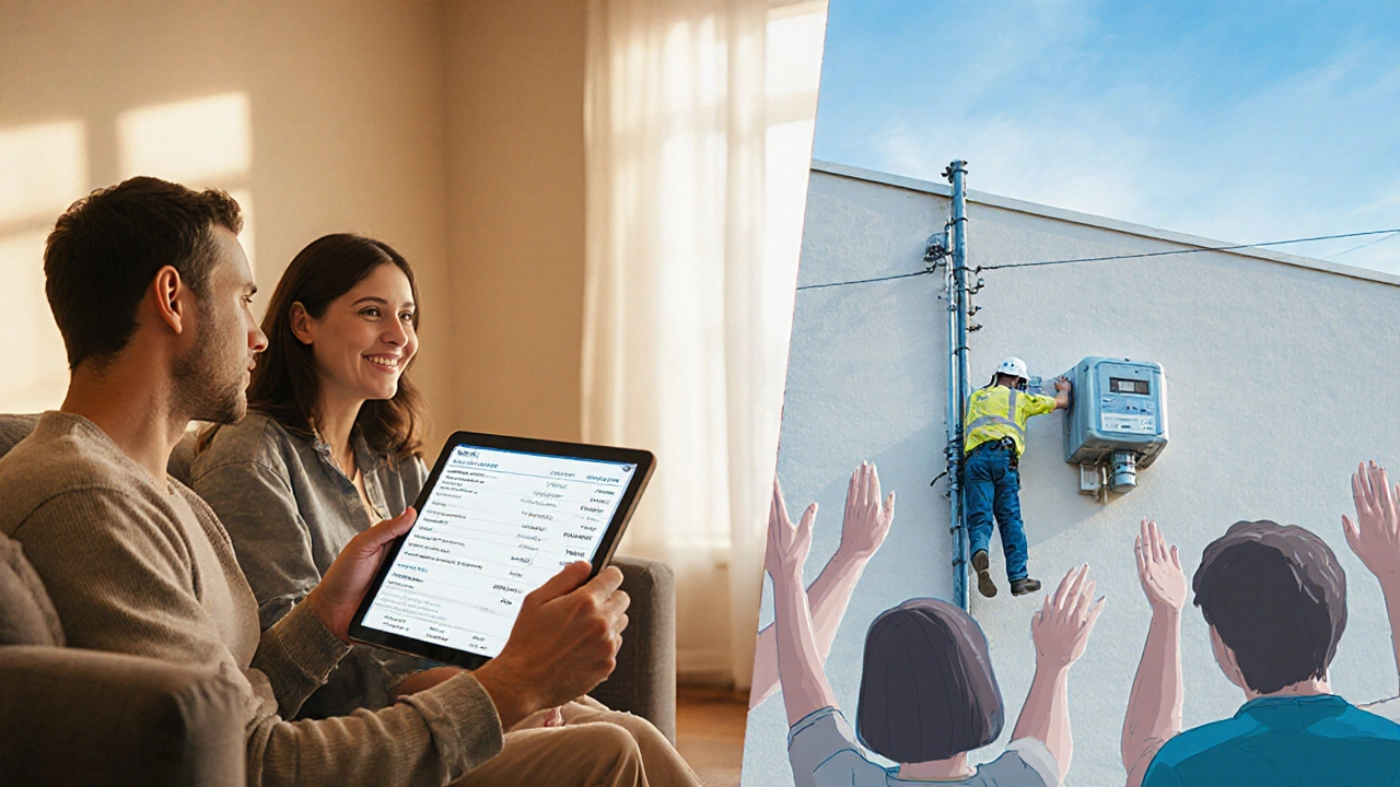 Семья смотрит на расходы через планшет, на фоне установки общедомового счетчика.