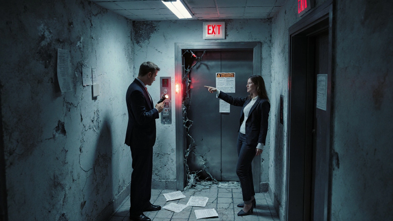 Сломанный лифт с мигающими огнями, жильцы требуют ремонта.