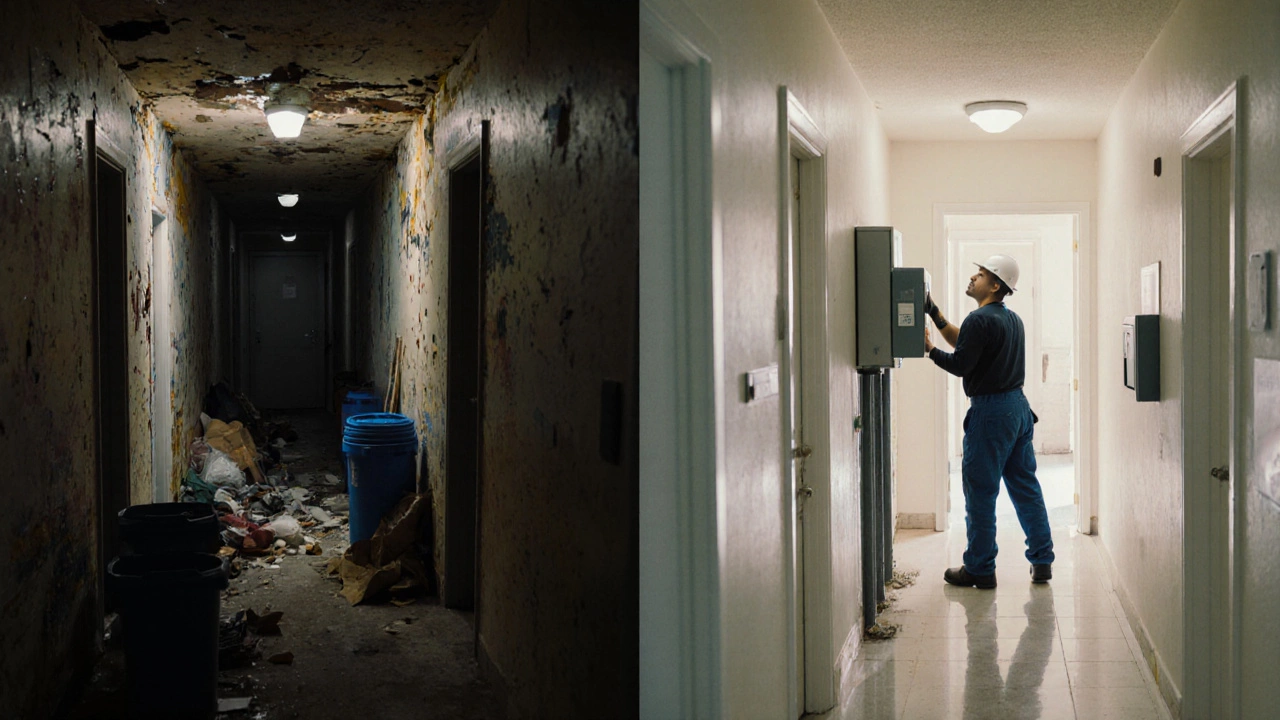 Сравнение грязного и ухоженного подъезда: правильный уход против пренебрежения.