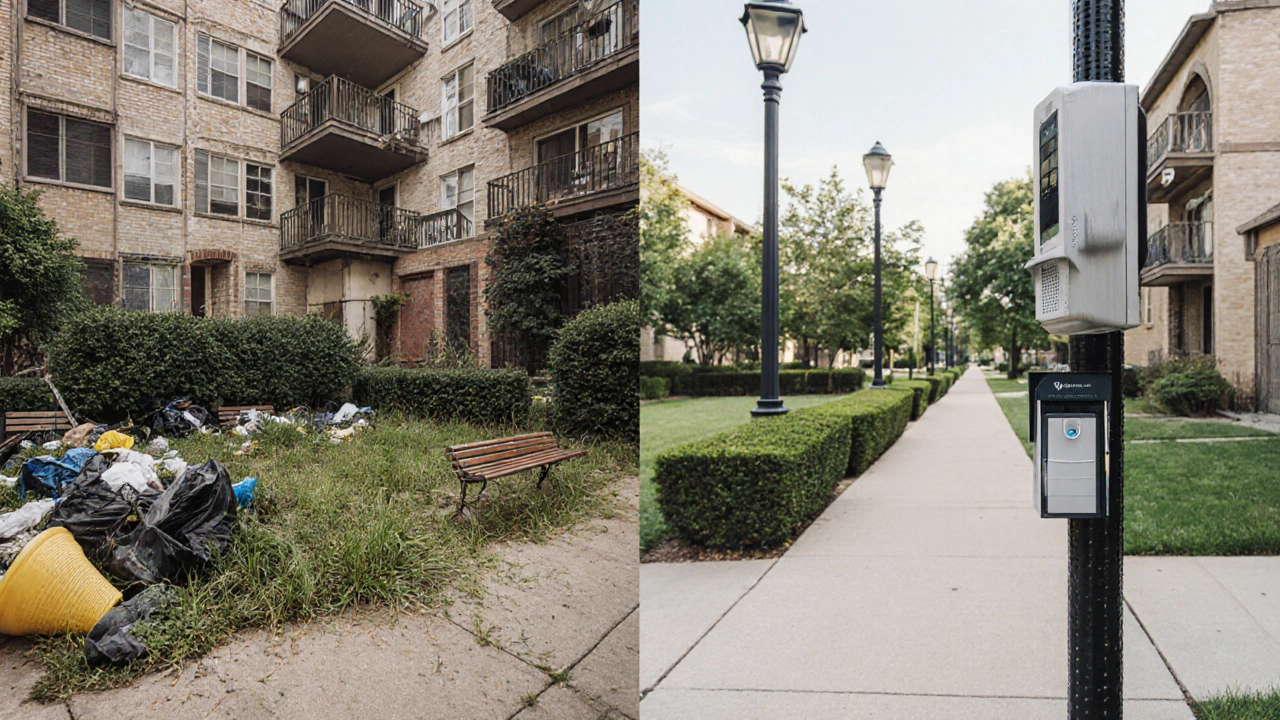 Сравнение запущенного и ухоженного двора: слева — мусор и заросли, справа — чистота и порядок.