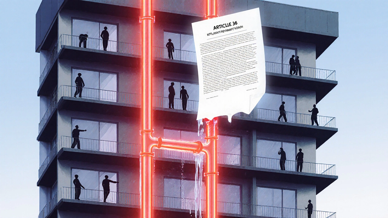 Здание с красными трубами, одна из которых протекает, над ним — текст Жилищного кодекса.