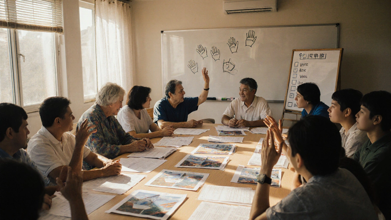 Жильцы на собрании изучают отчёты о ремонте и голосуют за смену управляющей компании.