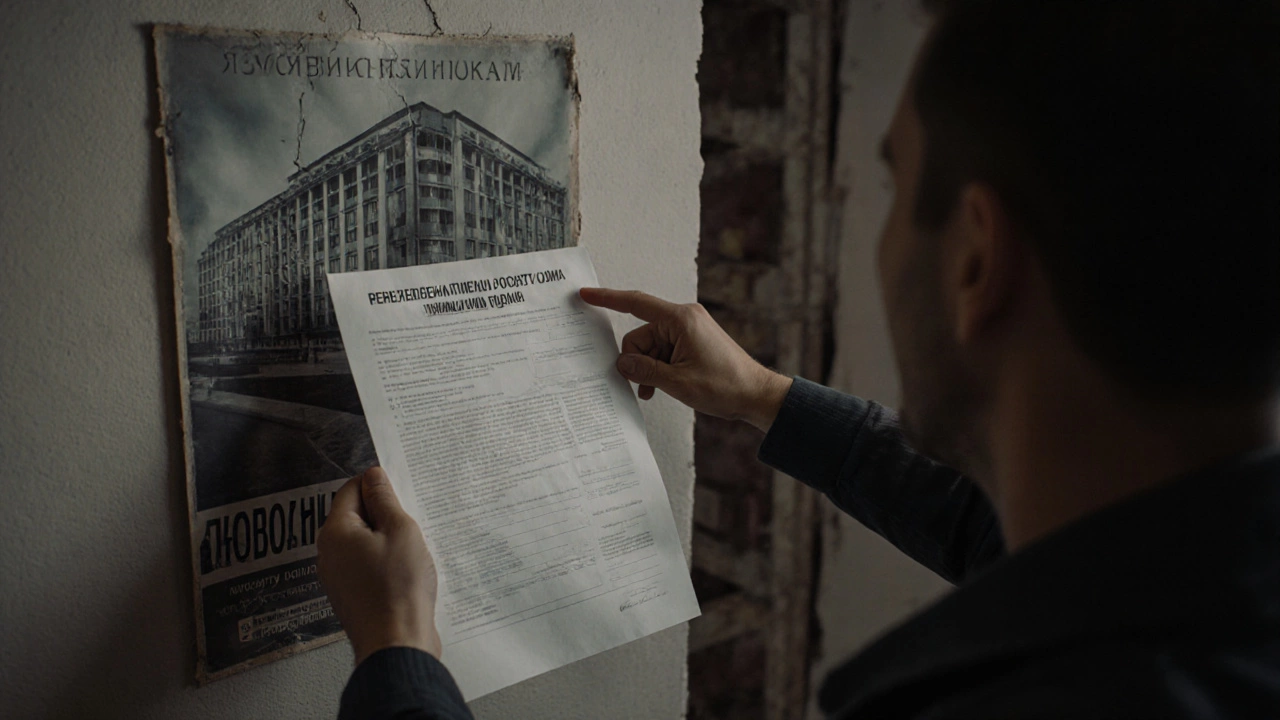 Житель показывает трещину в стене, держа технический паспорт дома.