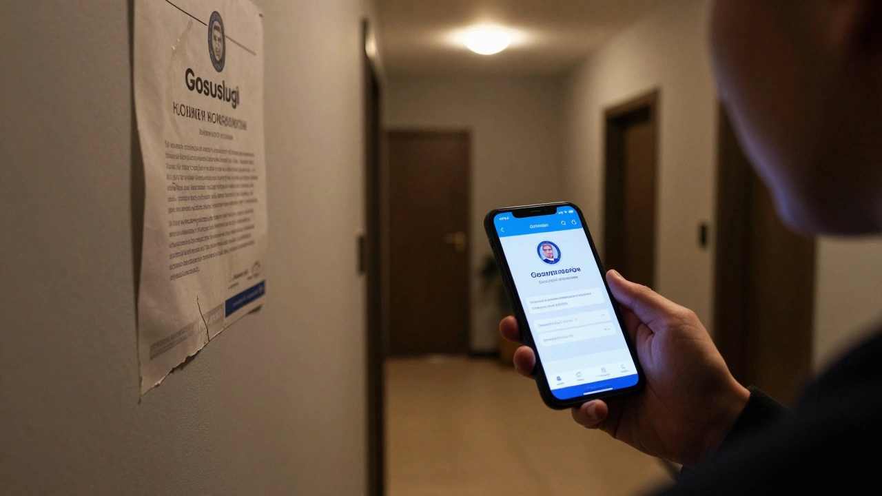 Человек проверяет информацию об УК через приложение Госуслуг на смартфоне в подъезде.