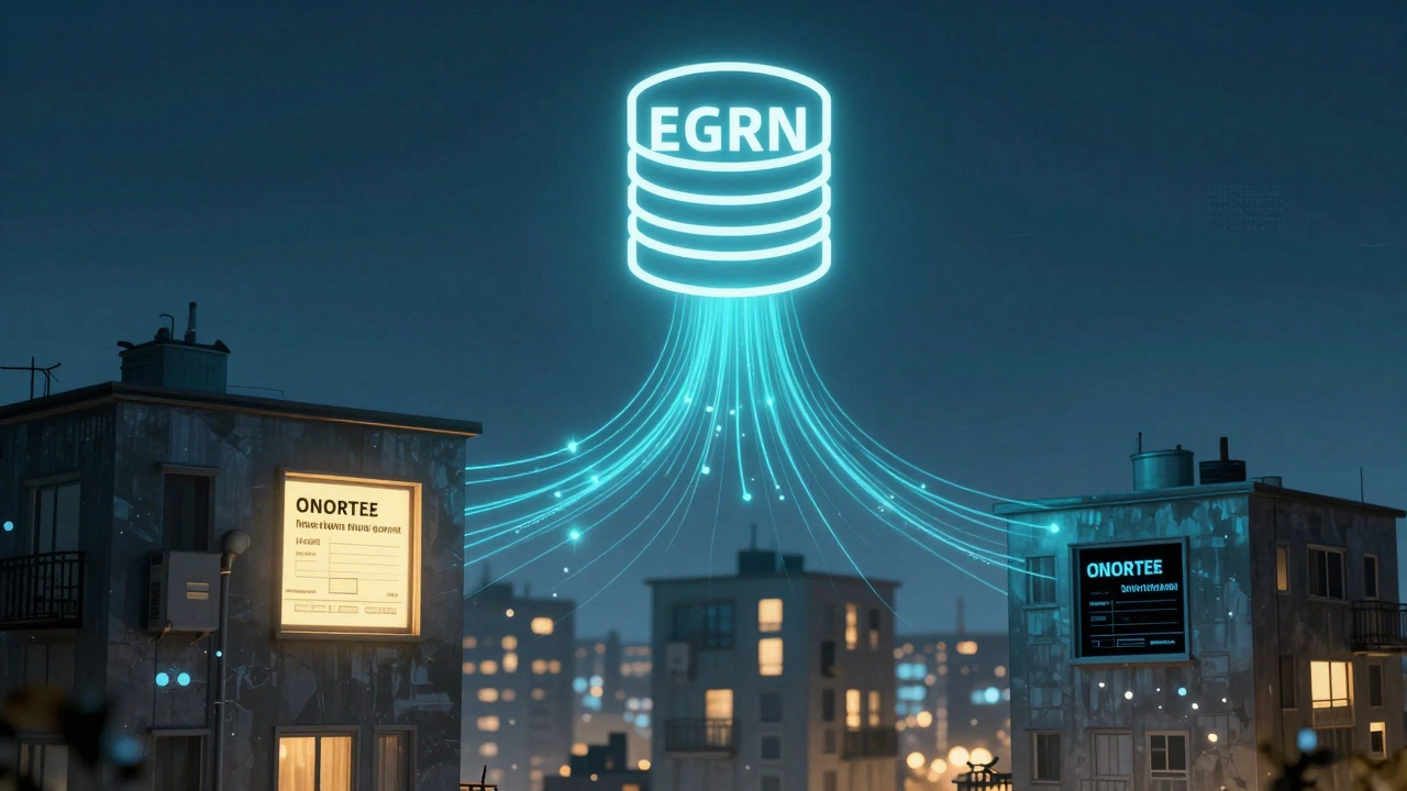 Цифровой поток данных от реестра недвижимости к многоквартирному дому, где один дом показывает нового собственника, другой — старого.