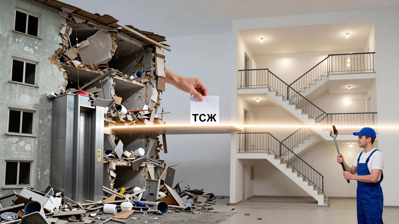 Дом разделён на разрушающуюся и восстановленную части — ТСЖ как мост между ними.