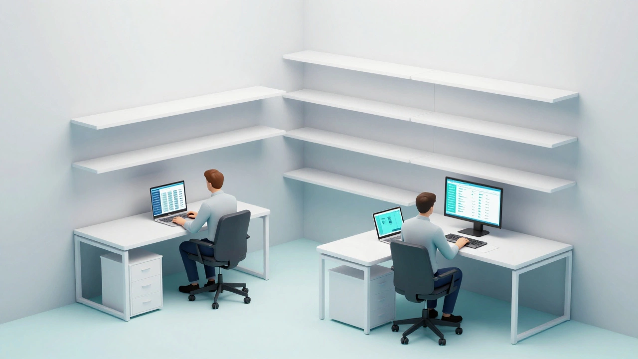 Два сотрудника управляющей компании работают удалённо из маленького офиса, управляя 15 домами через экраны.