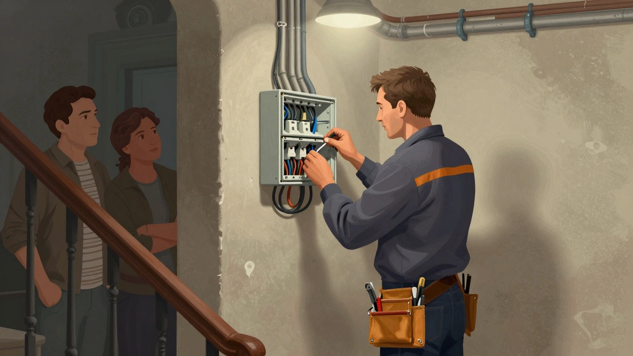 Электрик управляющей компании ремонтирует общий электрощиток на лестничной площадке.