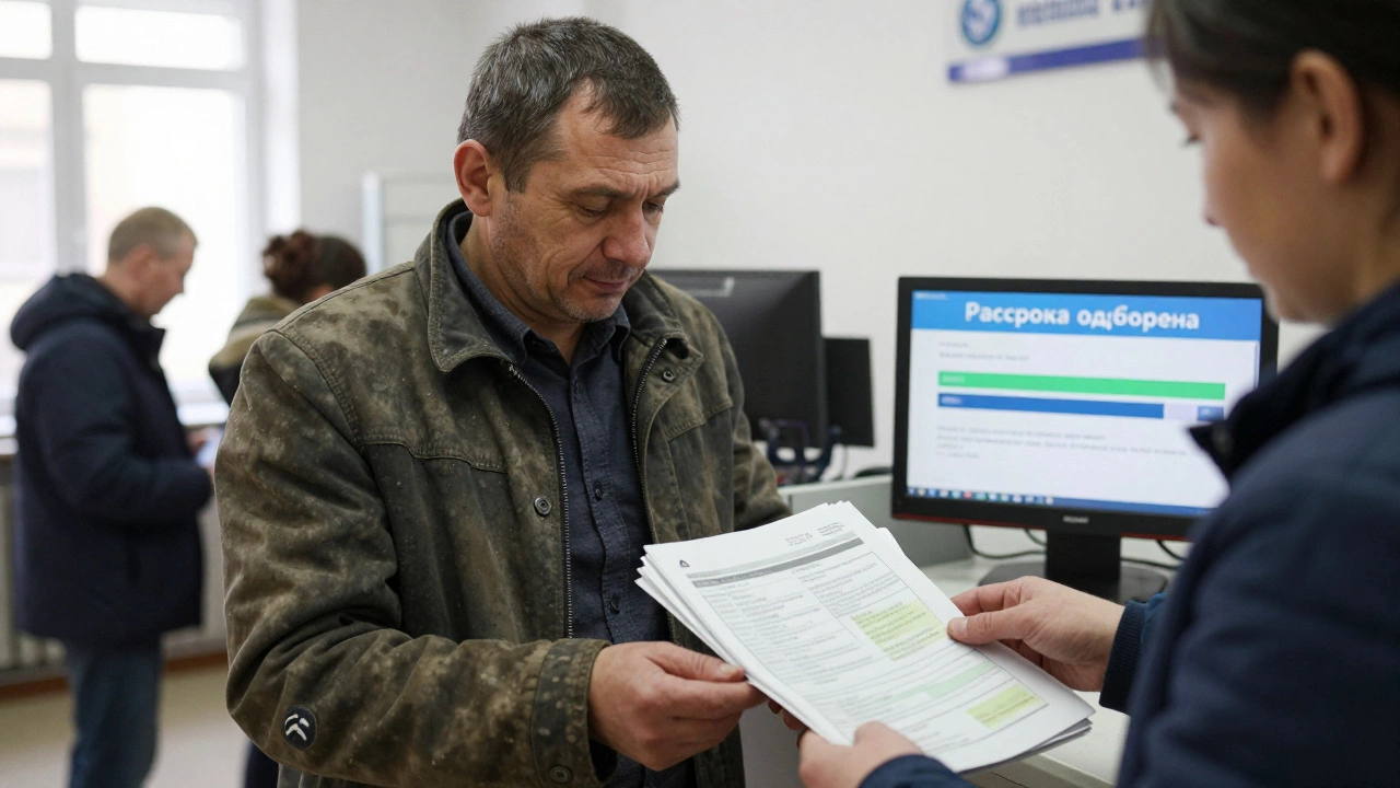 Мужчина подает документы на рассрочку по коммунальным платежам.