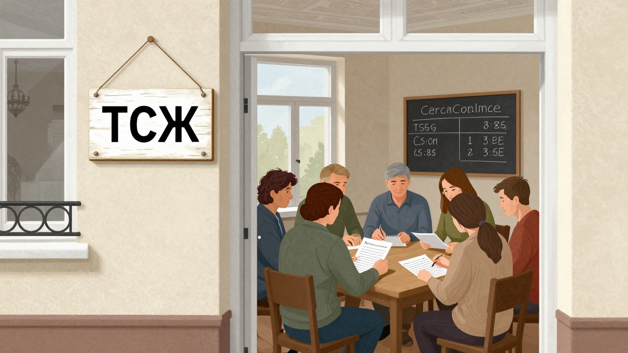 Над дверью висит табличка ТСЖ, жильцы обсуждают бюджет и договоры в подъезде.