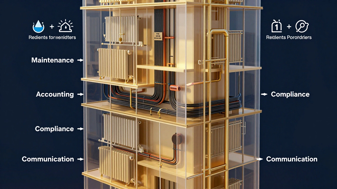 Прозрачная схема дома с видимыми инженерными системами и потоками платежей между жильцами и поставщиками услуг.