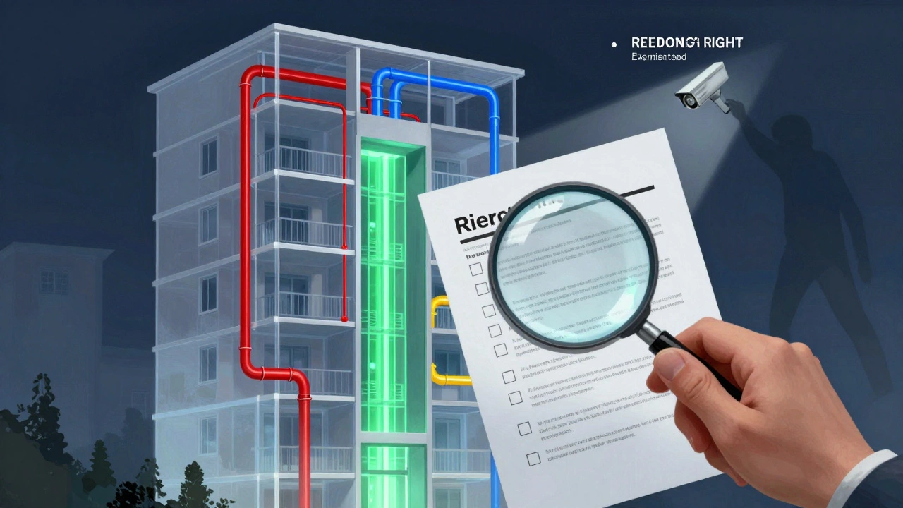 Прозрачный дом с подсвеченными инженерными системами и человек с лупой, проверяющий договор на обязательные услуги.