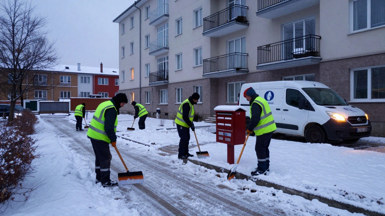 Рабочие убирают снег и посыпают лед во дворе многоквартирного дома на рассвете, рядом — сервисный автомобиль.