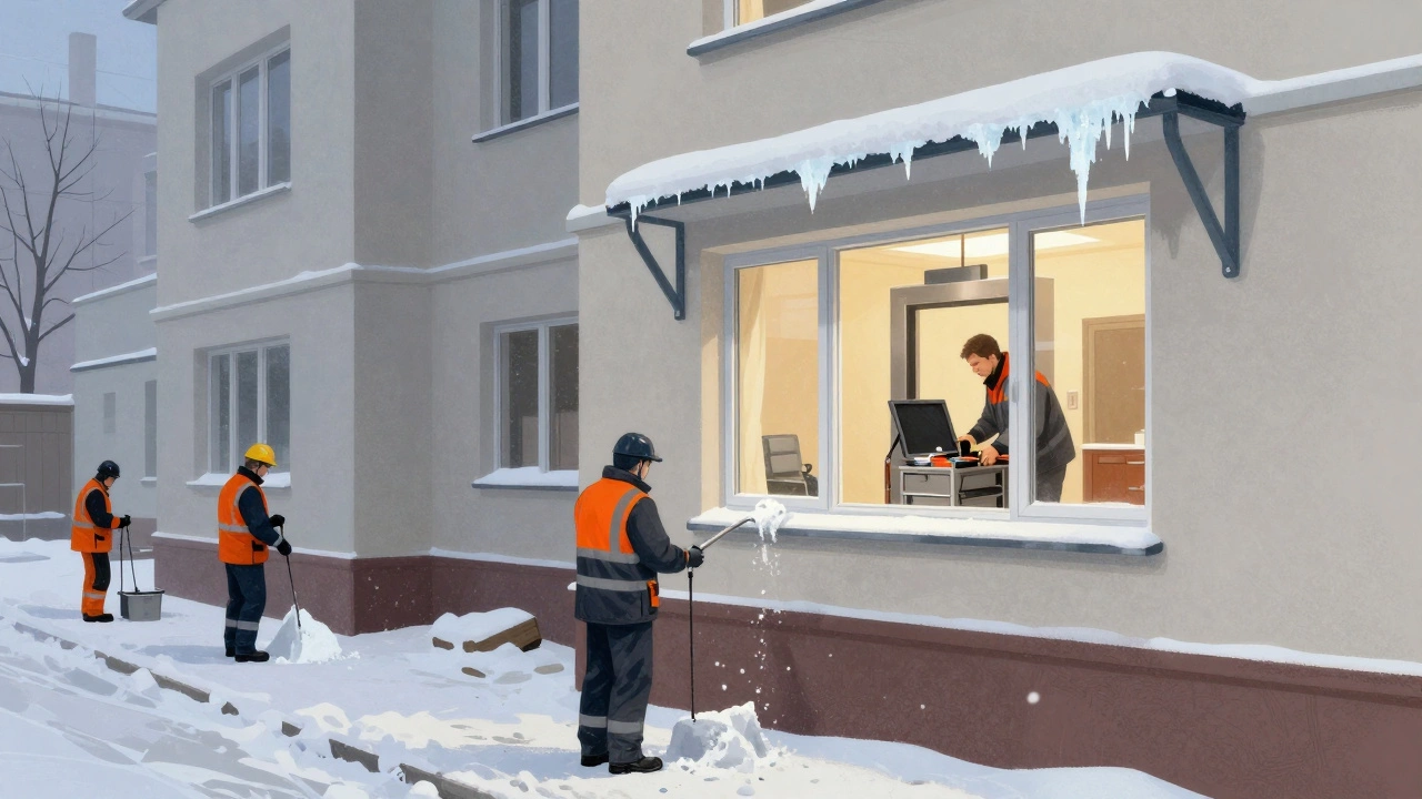 Работники убирают снег с тротуаров и крыши многоквартирного дома в зимний период.