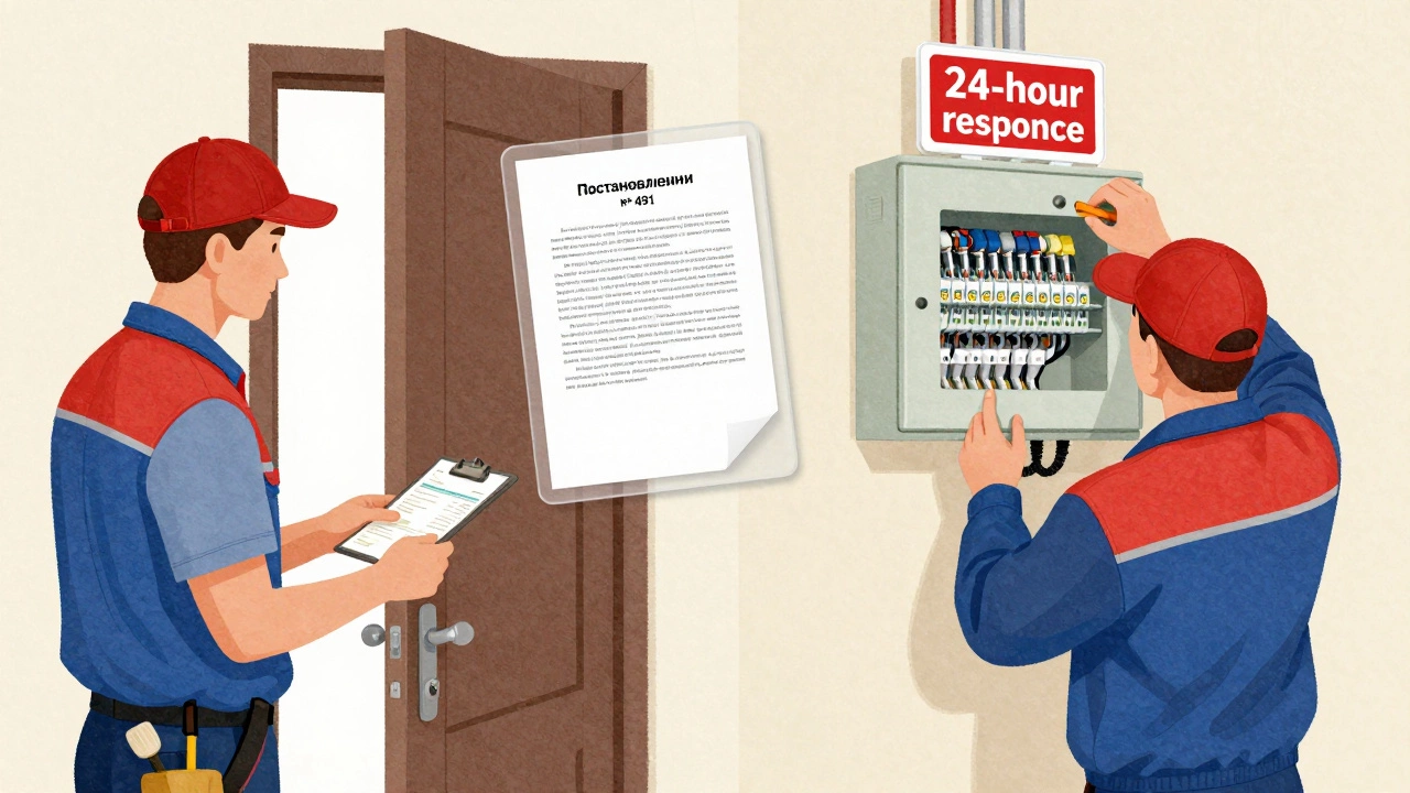 Разделённая сцена: частный электрик в квартире и работник УК в подъезде, между ними закон о ремонте.