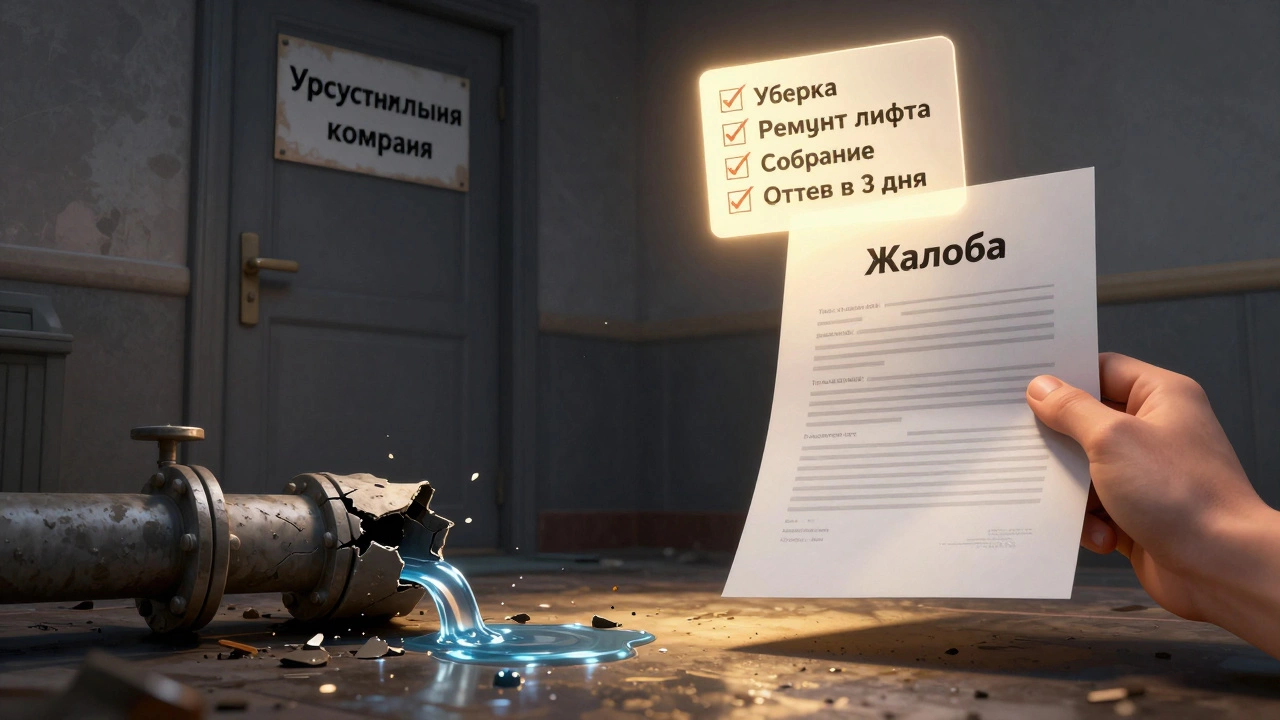 Рука держит жалобу рядом с протекающей трубой, над ними — список обязательств управляющей компании.