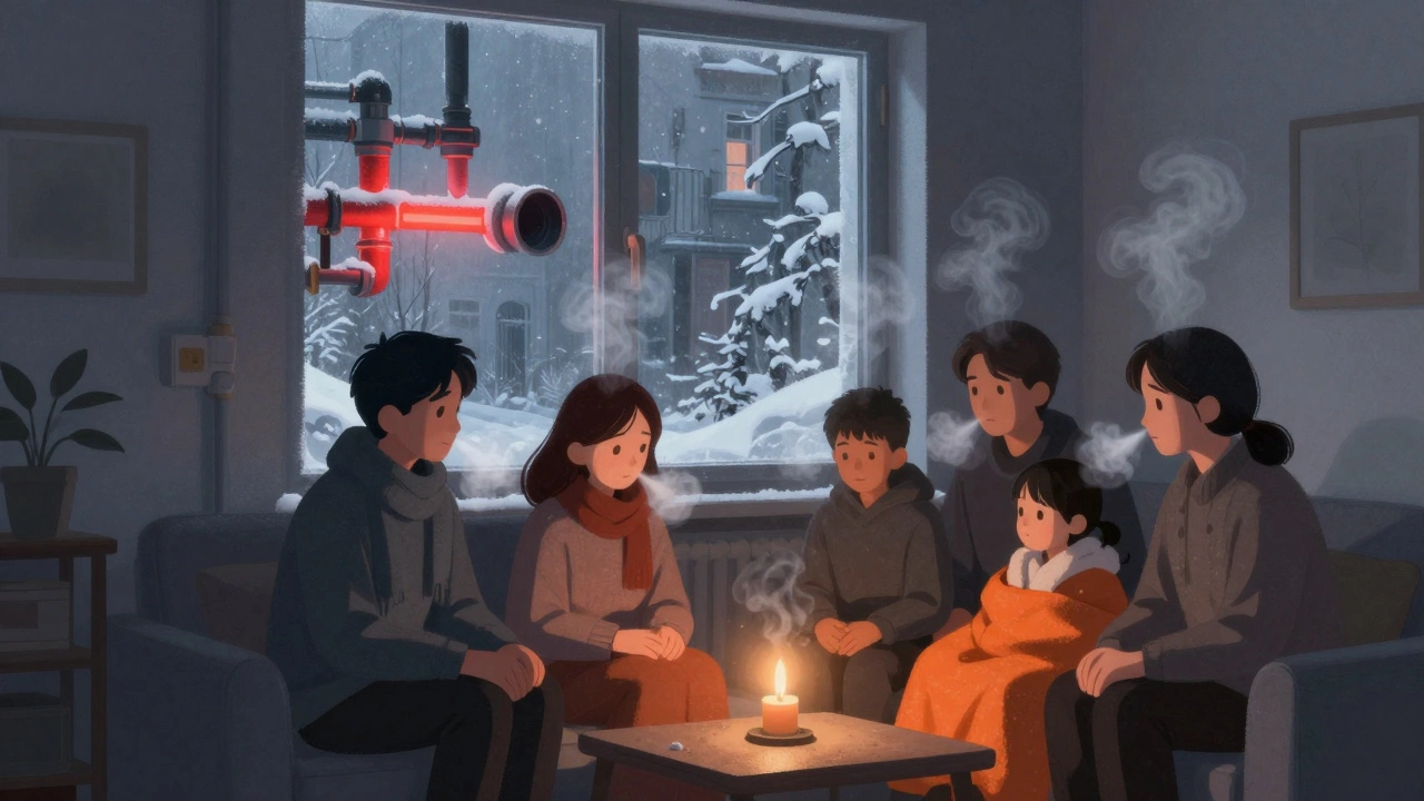Семья в холодной квартире зимой, за окном отключены трубы отопления.