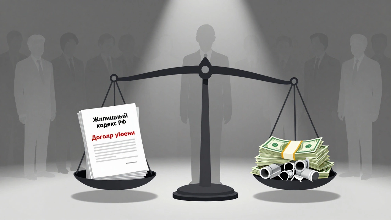 Весы с юридическими документами с одной стороны и разрушенными коммуникациями с другой, символизирующие нарушение закона.