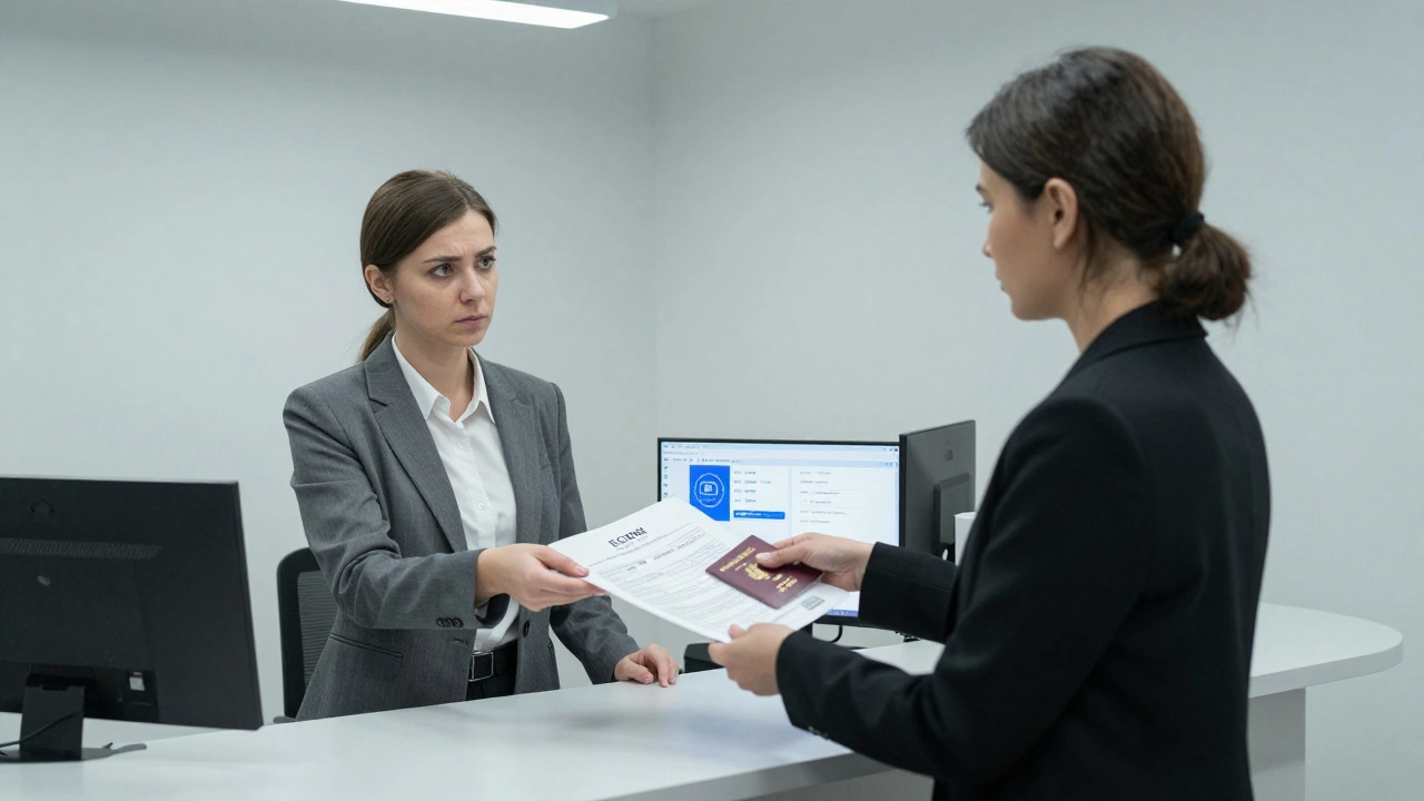 Женщина передает документы сотруднику управляющей компании, на экране компьютера — портал ГИС ЖКХ с уведомлением об обновлении.