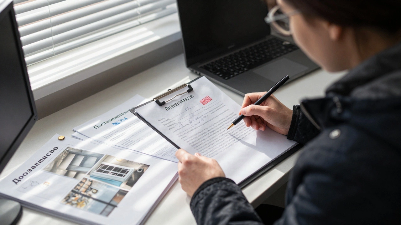 Женщина подаёт письменную жалобу в офис управляющей компании с доказательствами.