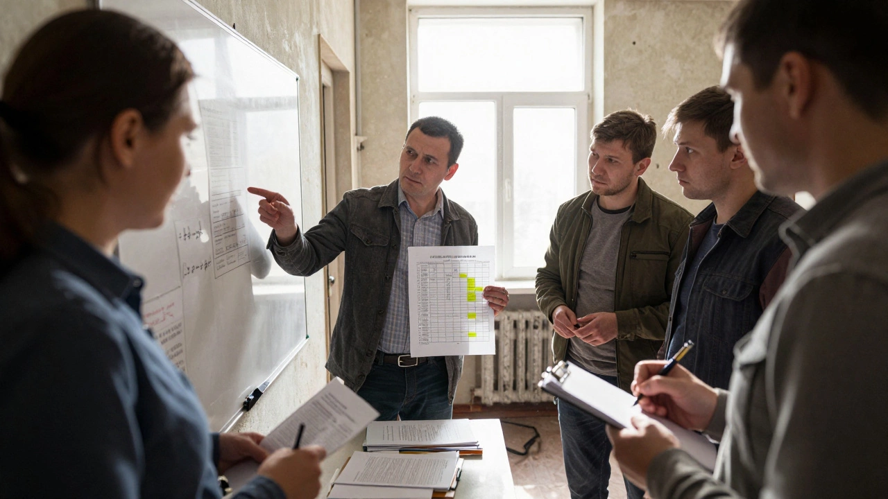 Жильцы анализируют отчёт о расходах управляющей компании на белой доске в подъезде.