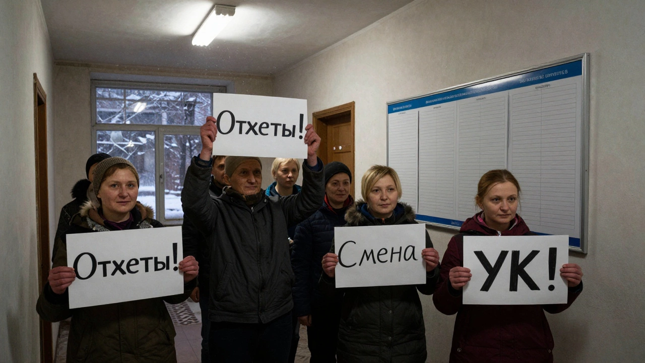 Жильцы собрались в подъезде с плакатами, требуя отчеты, а на стене — пустые места для отчетов.