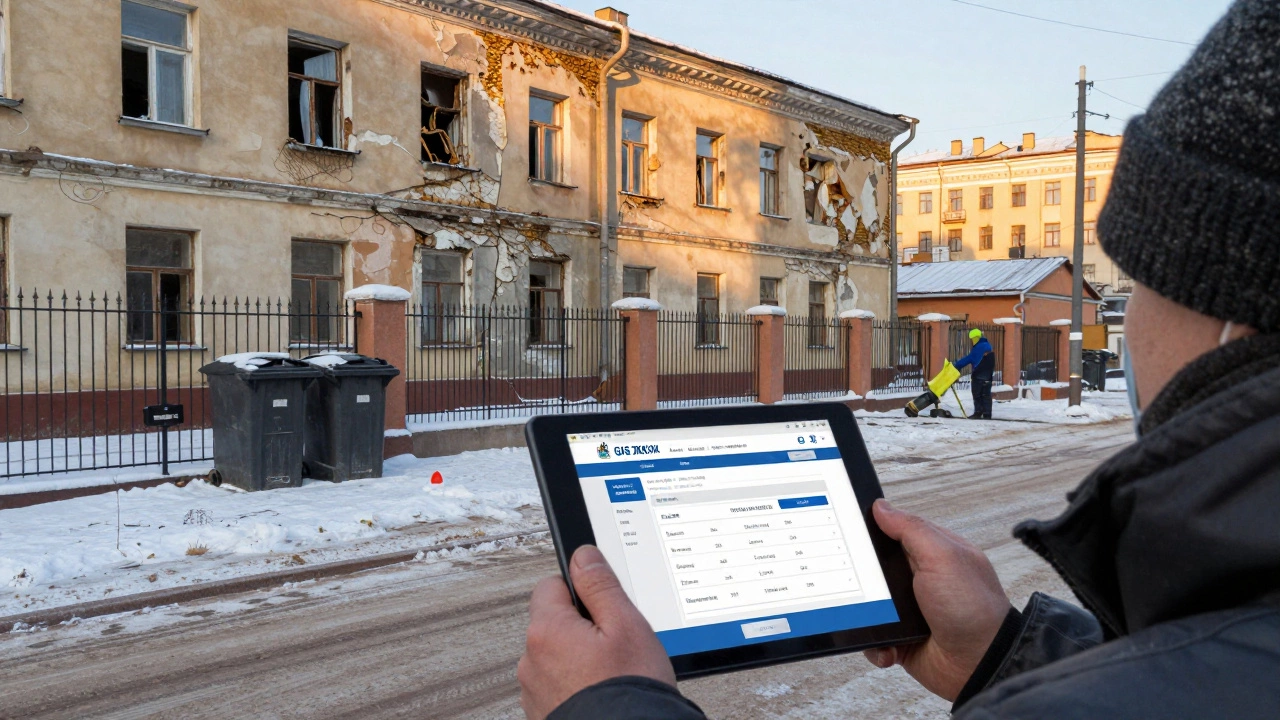 Человек проверяет управление домом через сайт ГИС ЖКХ на фоне запущенного и ухоженного дворов.