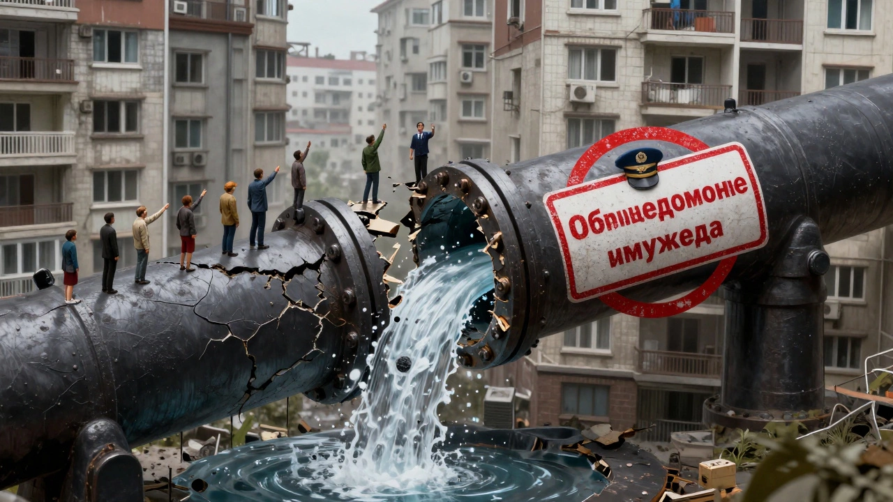 Гигантская треснувшая труба — основа дома, вода льется, надпись 'Общедомовое имущество'.