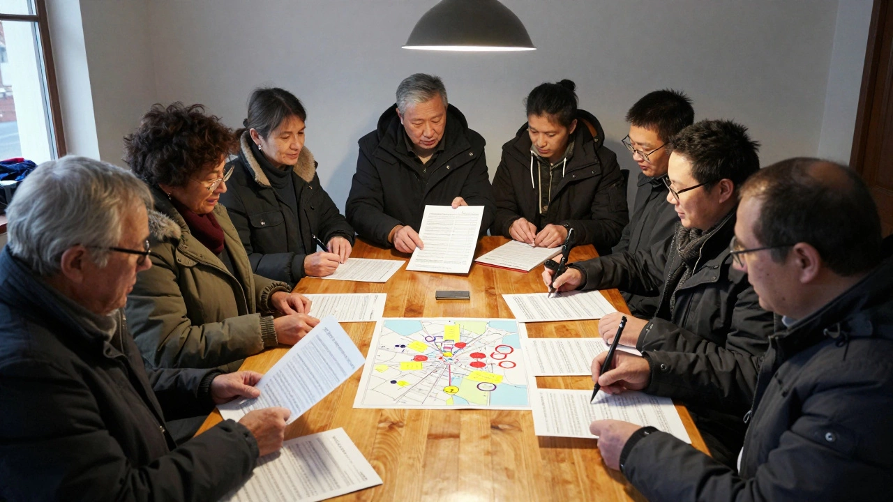 Группа жильцов совместно изучает финансовые документы ТСЖ в общественной комнате, один из них фотографирует бумаги.