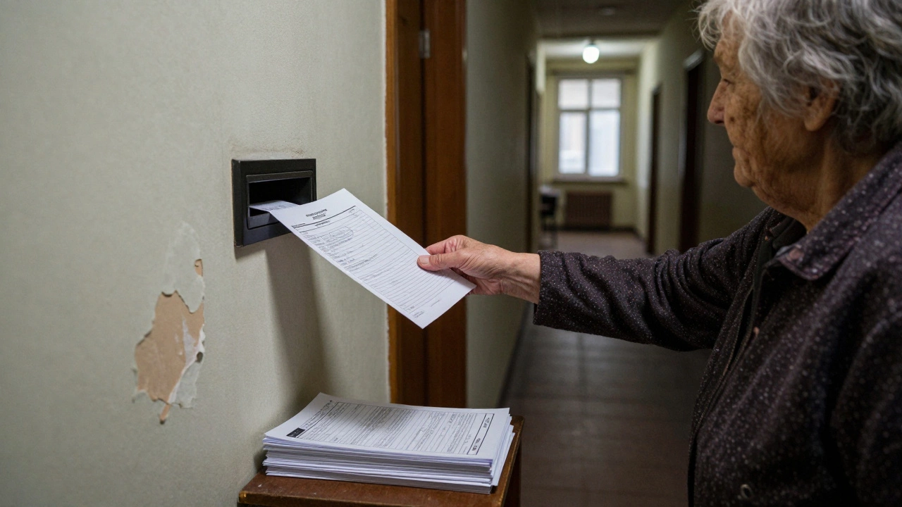 Пожилая женщина передаёт бюллетень для голосования через почтовый ящик соседу.