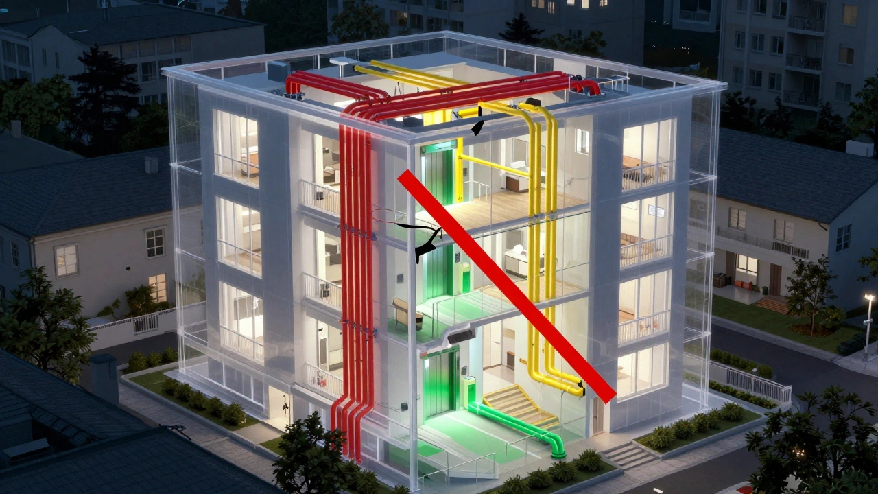 Прозрачная модель дома с цветными системами: красные — поломки, зелёные — обслуживание.