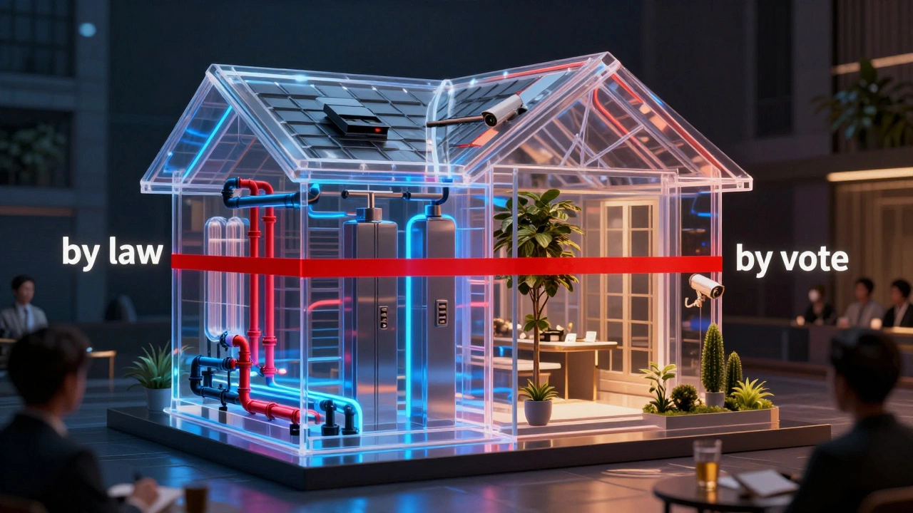 Прозрачная схема дома: с одной стороны — обязательные услуги ЖКУ, с другой — дополнительные, разделённые чёткой линией 'по закону' и 'по решению жильцов'.