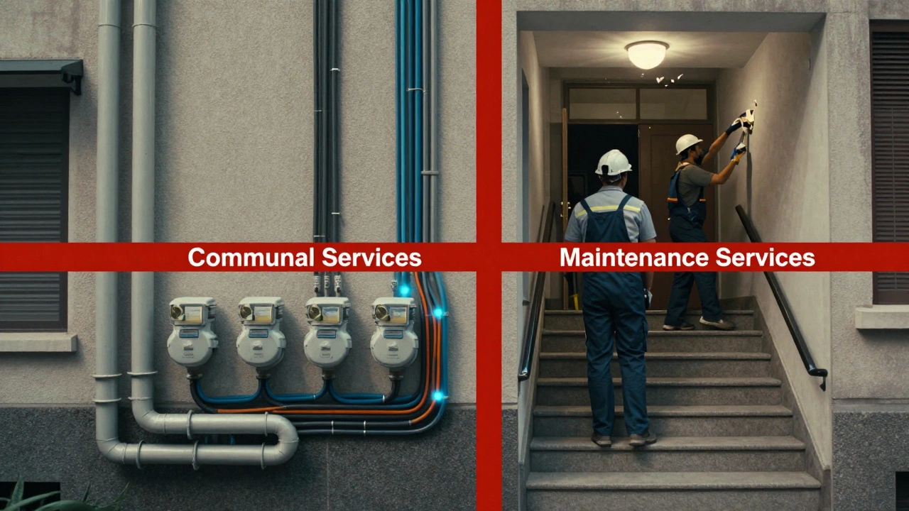 Разделение коммунальных услуг и услуг по содержанию дома на схематичном изображении здания.