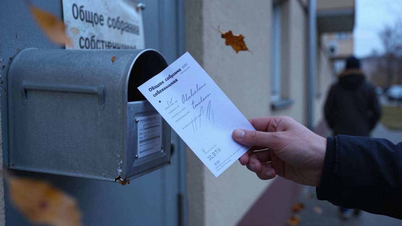 Рука кладёт подписанный бюллетень в почтовый ящик с объявлением о собрании собственников на двери.
