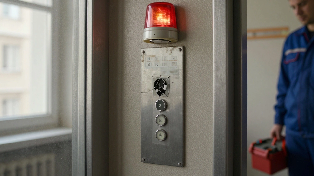 Сломанная кнопка вызова лифта в подъезде, мигает аварийный свет, рядом стоит рабочий с инструментами.
