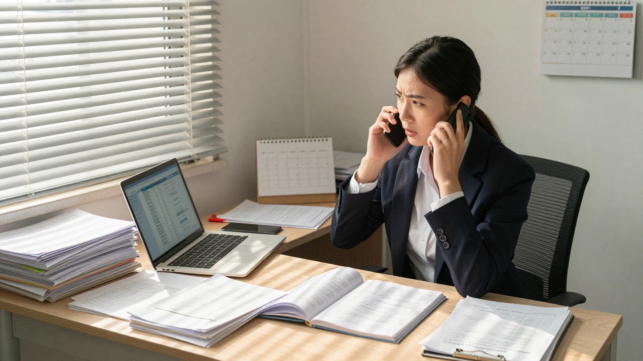 Управляющий анализирует счета и планы ремонта в офисе жилого дома.