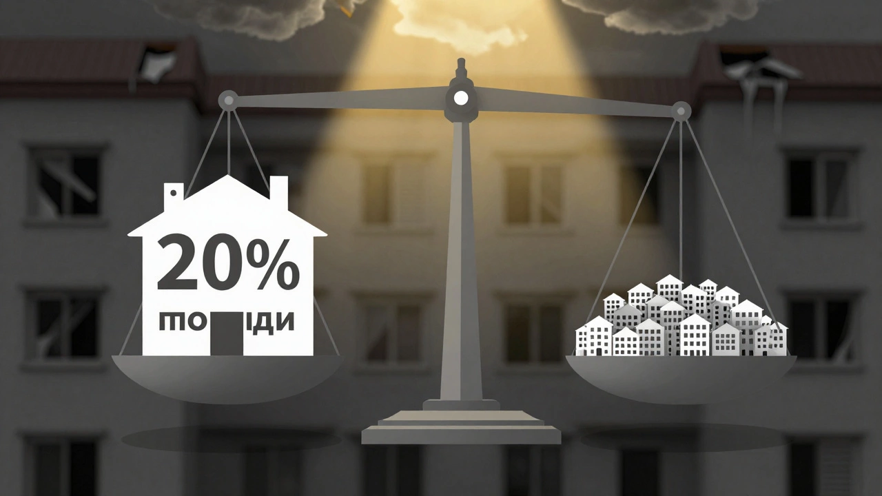 Весы: одна чаша — крупная квартира 20% площади, другая — множество маленьких, символизирующие неравенство голосов.